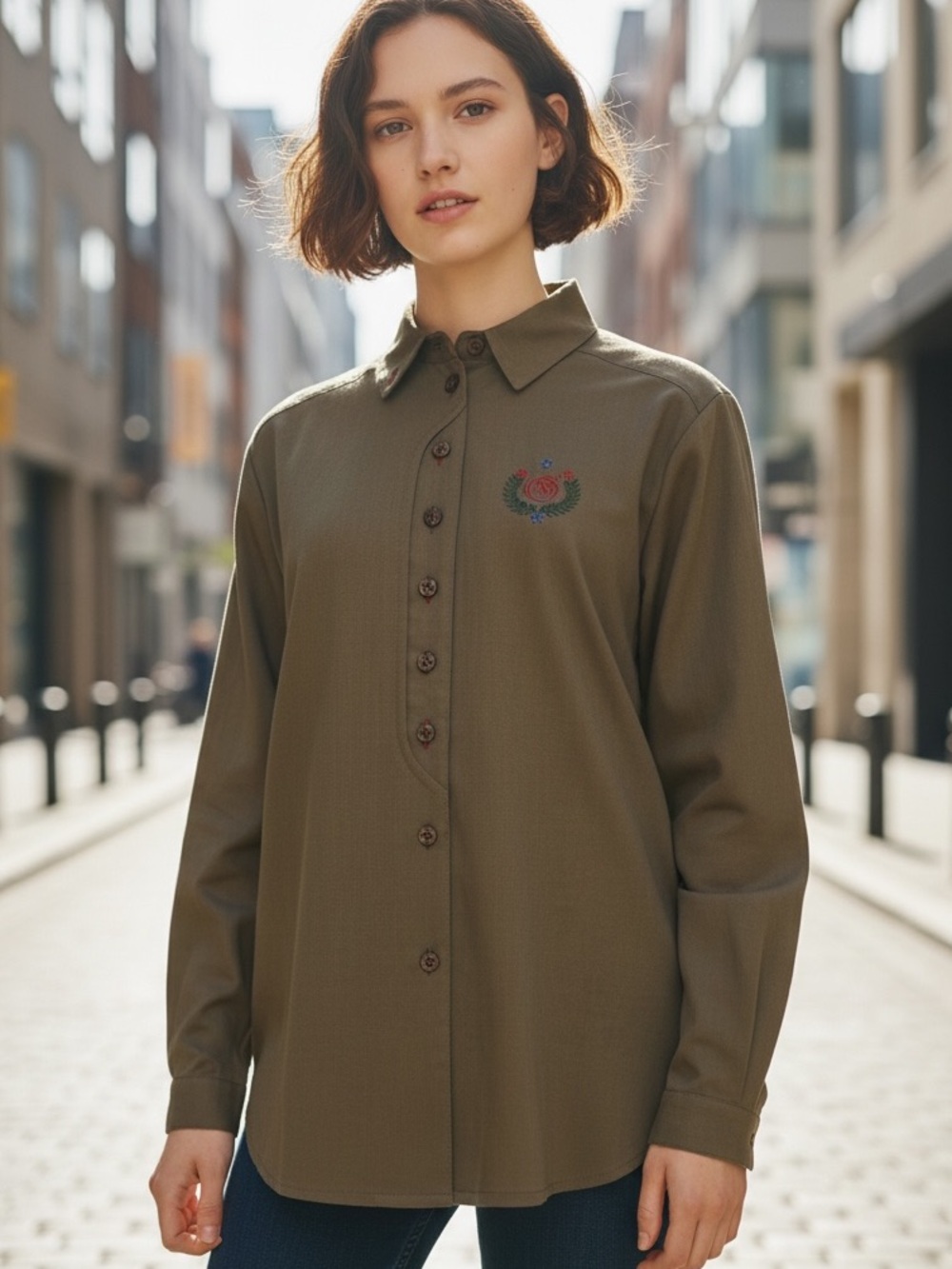 90s GEIGER COLLECTIONS LIGHTWEIGHT WOVEN WOOL OLIVE GREEN BLOUSE MADE IN AUSTRIA